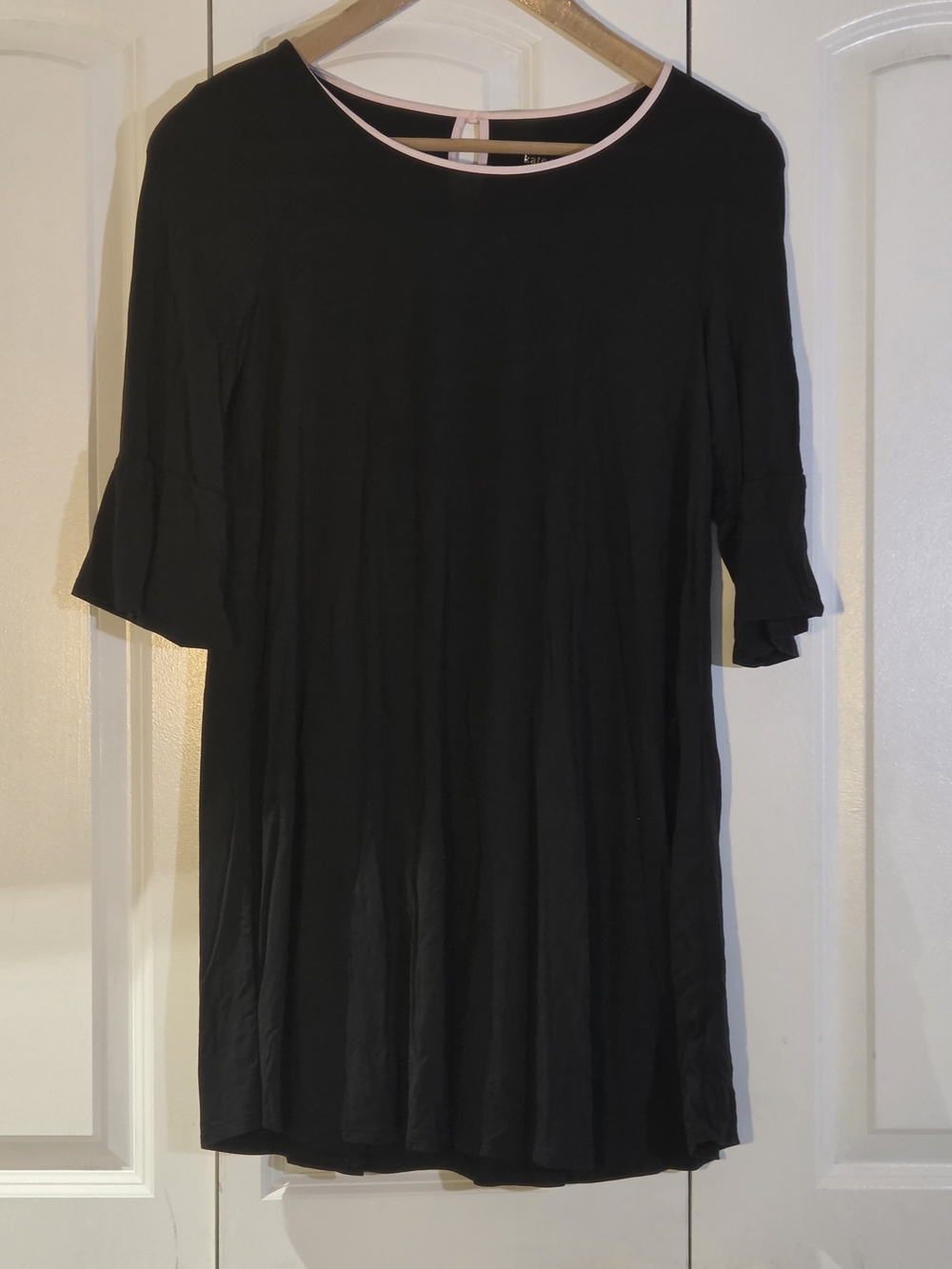 Kate Spade Women's Nightgown S Black Soft Knit Bell Sleeves Pink Trim